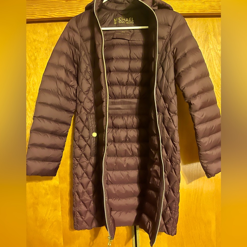Micheal Kors. Size XS long purple jacket with removable hood.